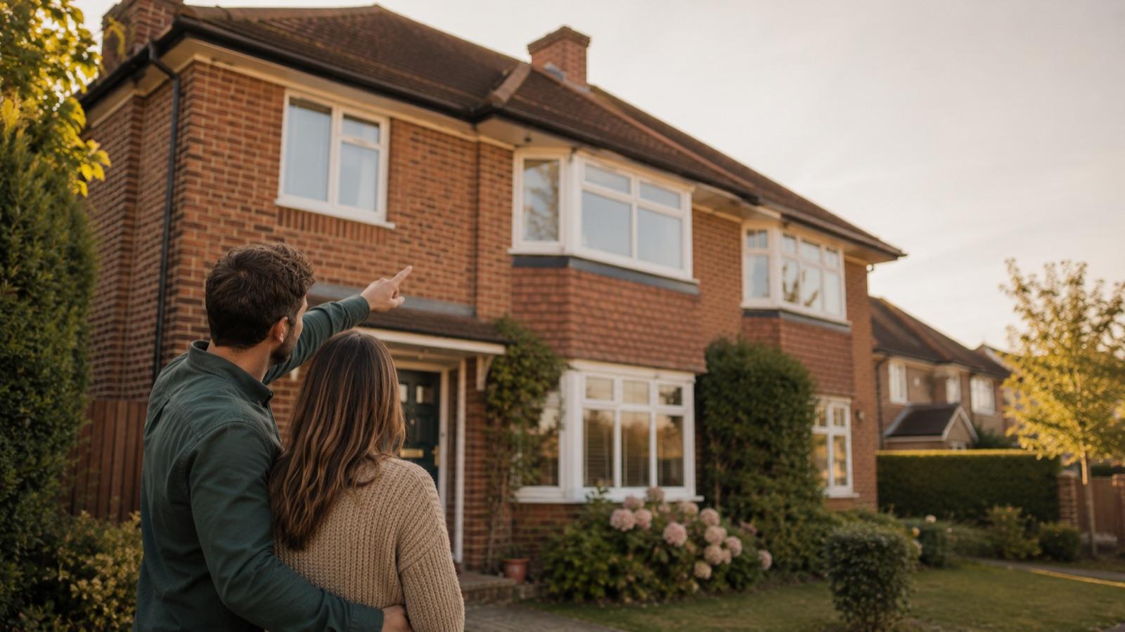 Couple in their front garden looking up at their home, planning work on it